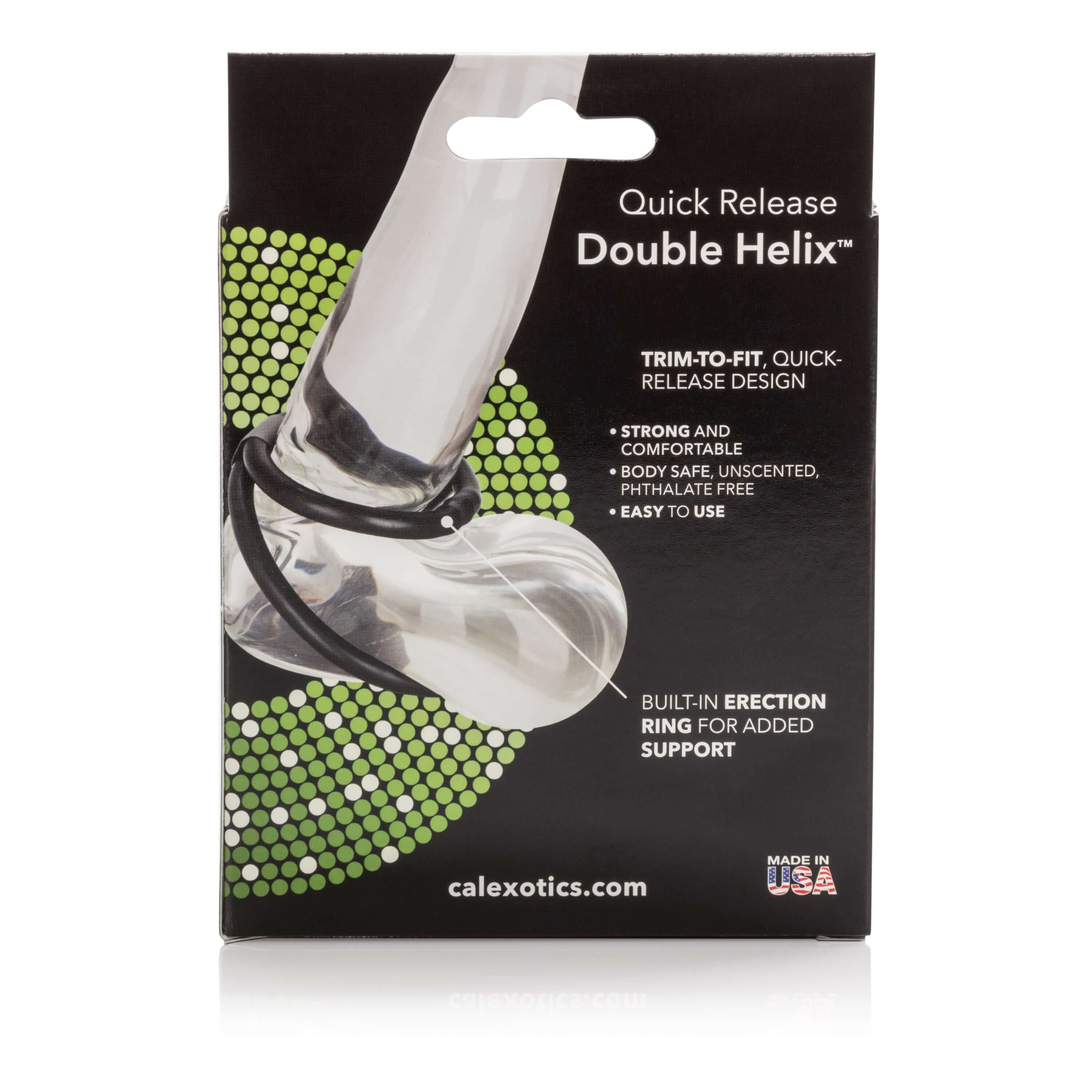Quick Release Double Helix Cock Ring Black packaging showing trim-to-fit design and built-in erection ring features.