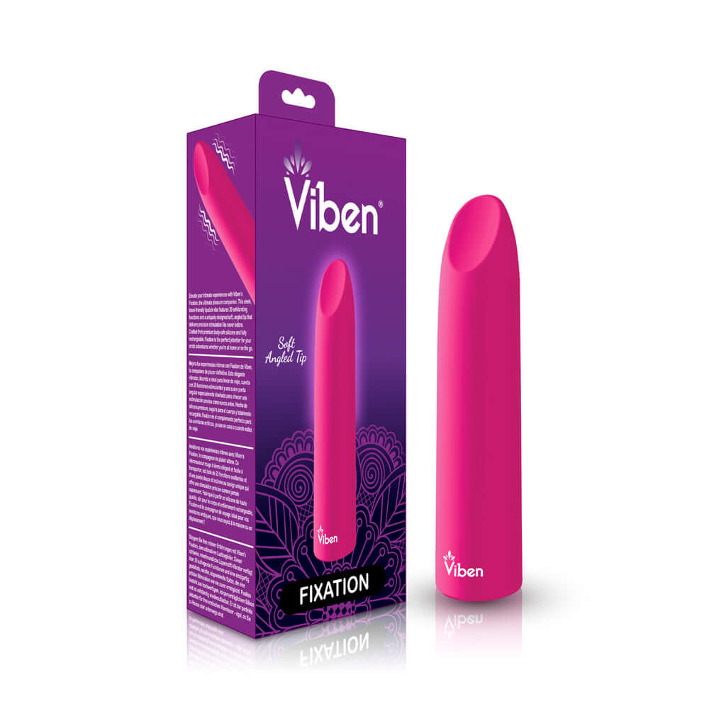 Viben Fixation Hot Pink Lipstick Vibe with angled tip and packaging for intimate pleasure.