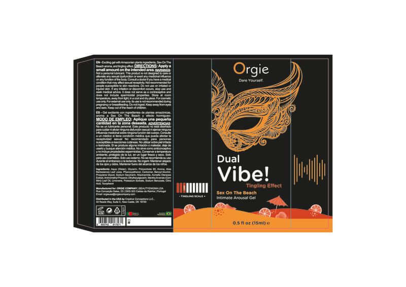 Orgie Dual Vibe Sex on the Beach Kissable Liquid Vibrator 15 ml packaging with vibrant design and details.