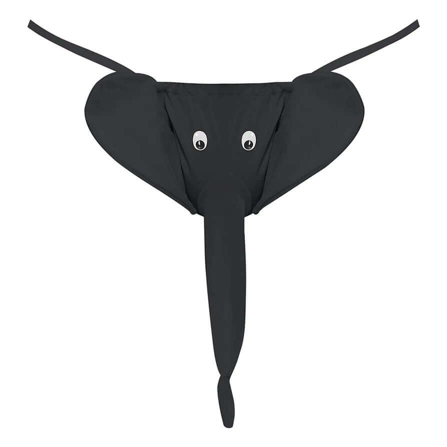 Squeaker Elephant G-String One Size Black featuring playful elephant design with googly eyes and soft ears.