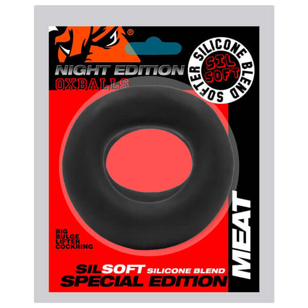 OXBALLS Meat Big Bulge Lifter Cockring packaging in black silicone blend for enhanced performance.