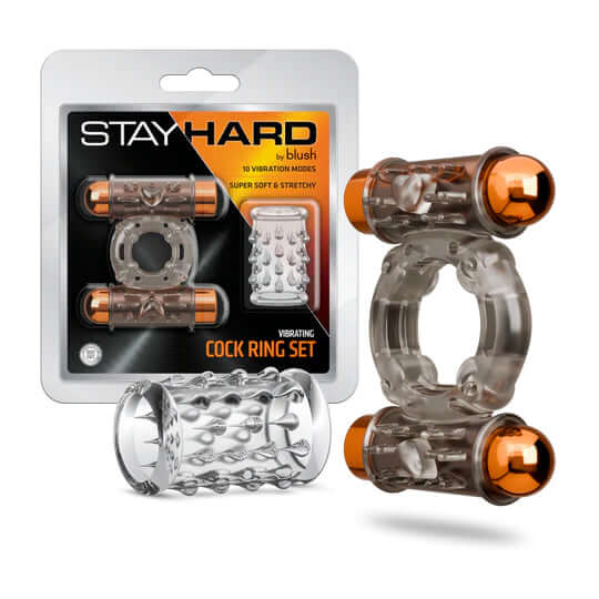 Stay Hard Vibrating Cock Ring Set With Dual Bullets Sheath featuring textured design and dual bullet vibrations.