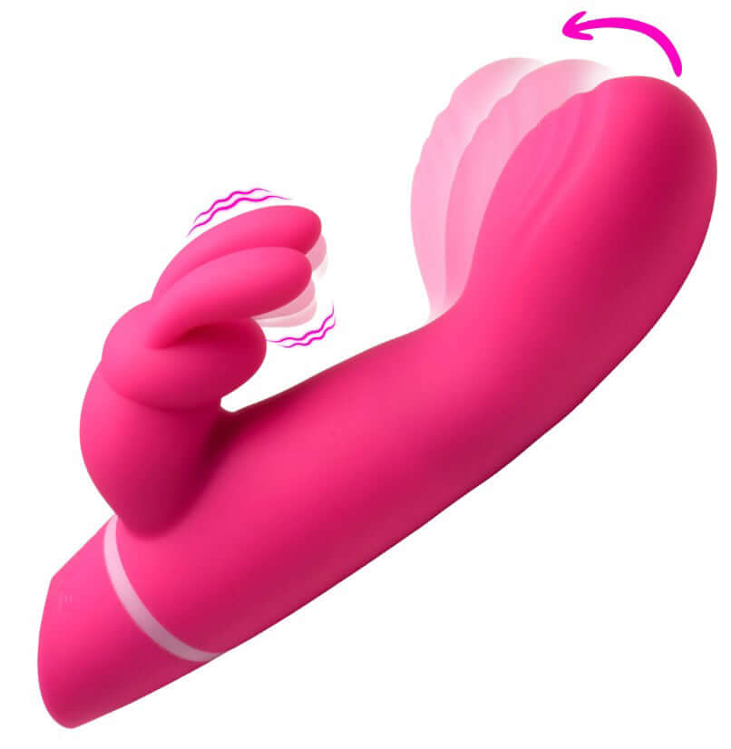 Bang Come Hither Silicone Rabbit Vibrator Pink featuring a gyrating G-spot shaft and clitoral stimulator.
