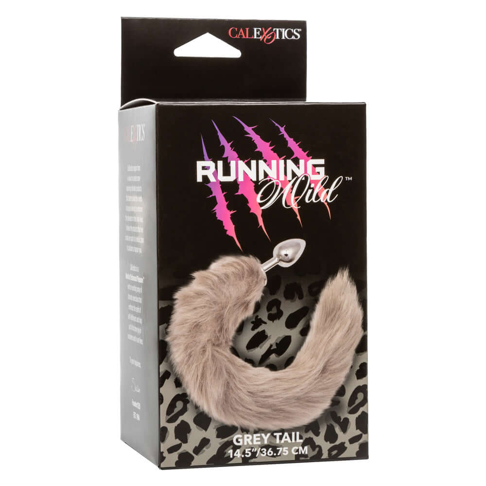 Running Wild Tail Grey Anal Plug product packaging showcasing the sleek design and luxurious synthetic fur tail.