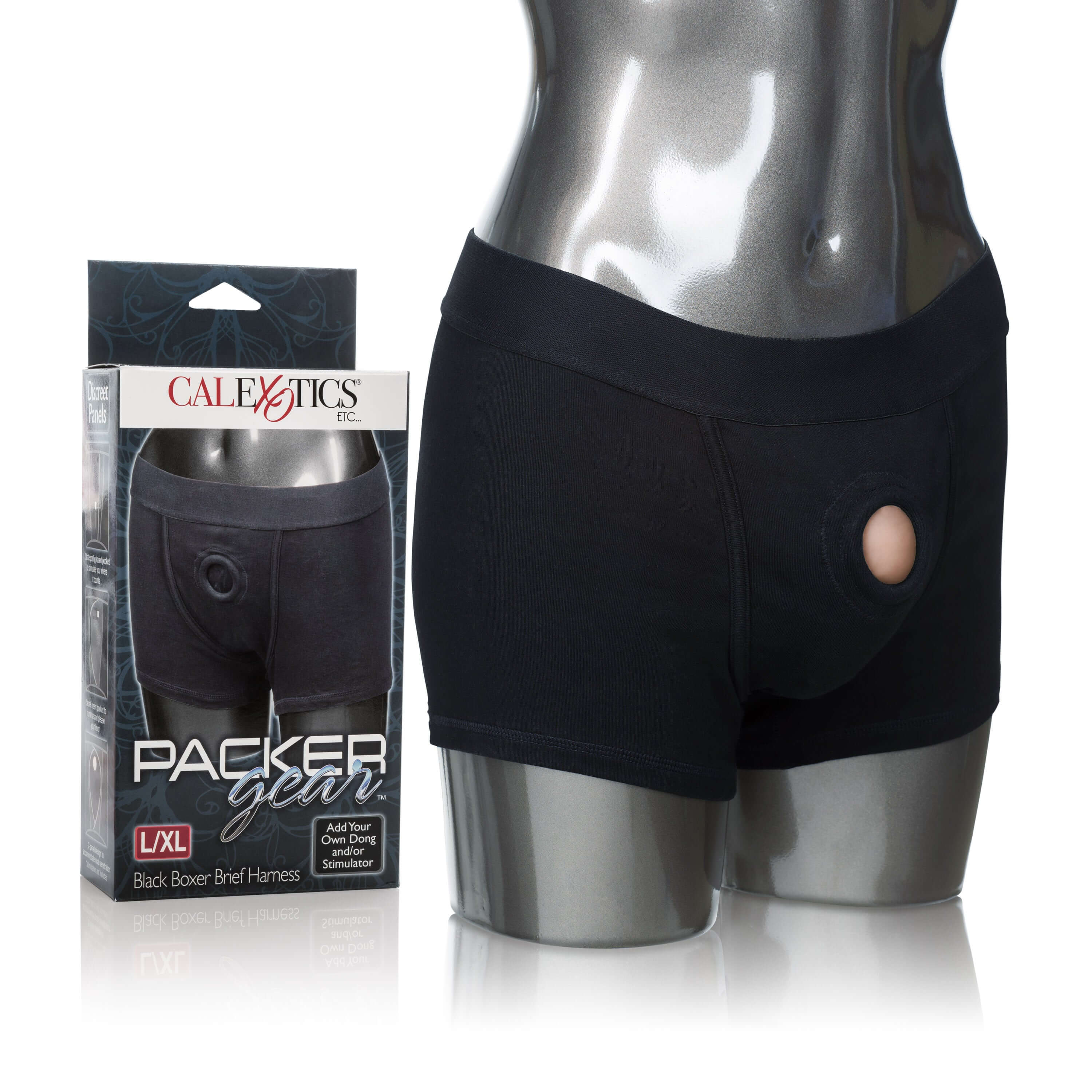 Packer Gear Boxer Brief Harness Large XL Black displayed on a mannequin next to its packaging.