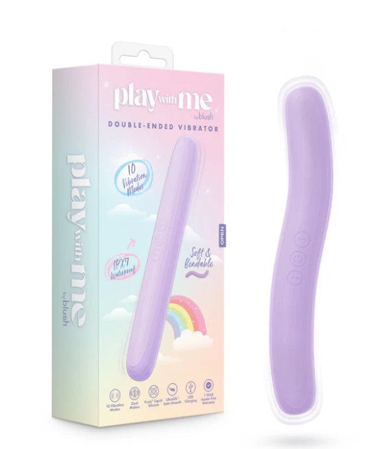 Play With Me Silicone Double Ended Vibrator Purple packaging with descriptions and features.