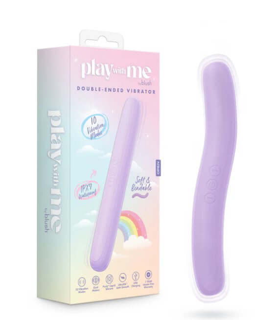 Play With Me Silicone Double Ended Vibrator Purple packaging with descriptions and features.