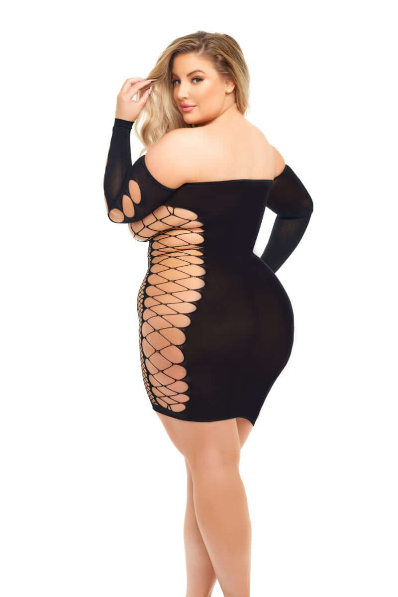 Woman wearing a Pink Lipstick Diamond Drippin Dress Queen Size Black with unique diamond slash design from the back.