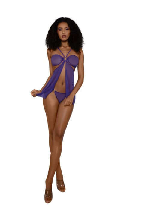 Dreamgirl Babydoll Set With Panty OS Ultra Violet displayed on a model featuring a flowing babydoll and matching panty.