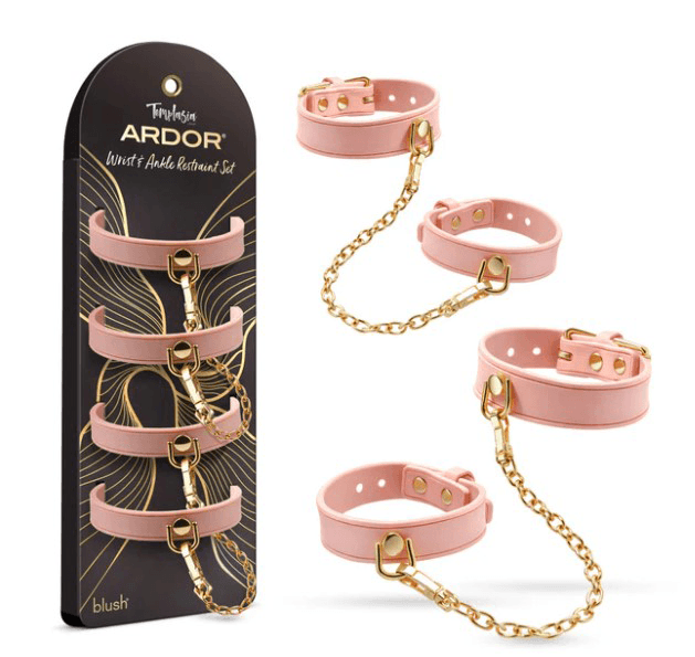 Temptasia Ardor Wrist & Ankle Restraints Pink displayed with gold accents for elegant bondage and intimacy.