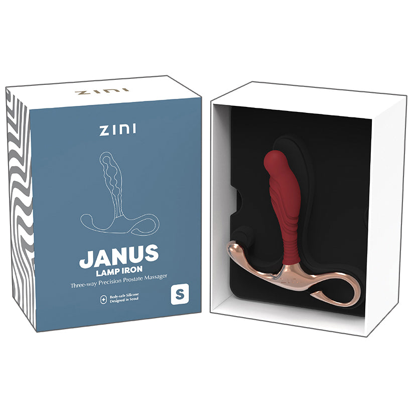 Zini Janus Lamp Iron Prostate Massager Bordeaux Small in elegant packaging showcasing its ergonomic design.