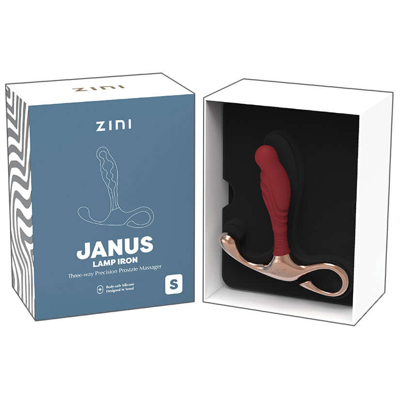 Zini Janus Lamp Iron Prostate Massager Bordeaux Small in elegant packaging showcasing its ergonomic design.