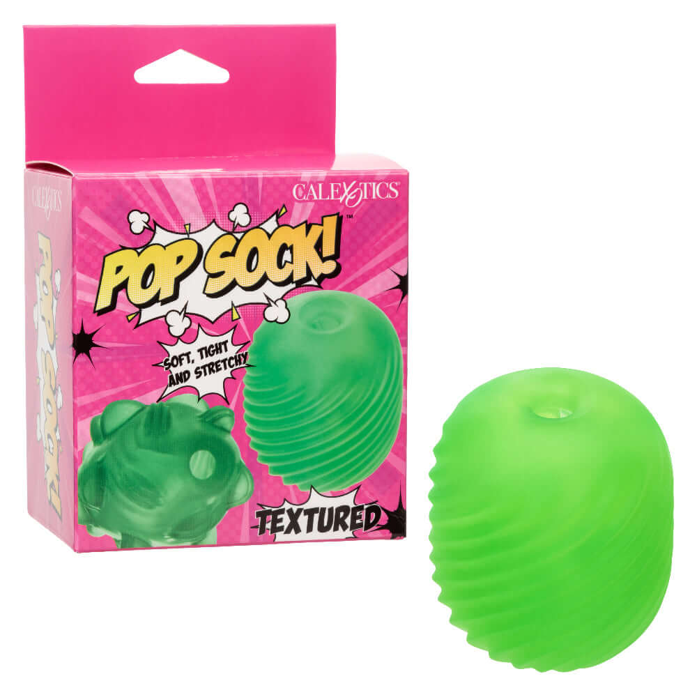 Pop Sock Textured Stroker Green packaging and product image, showcasing its soft, tight, and stretchy design.