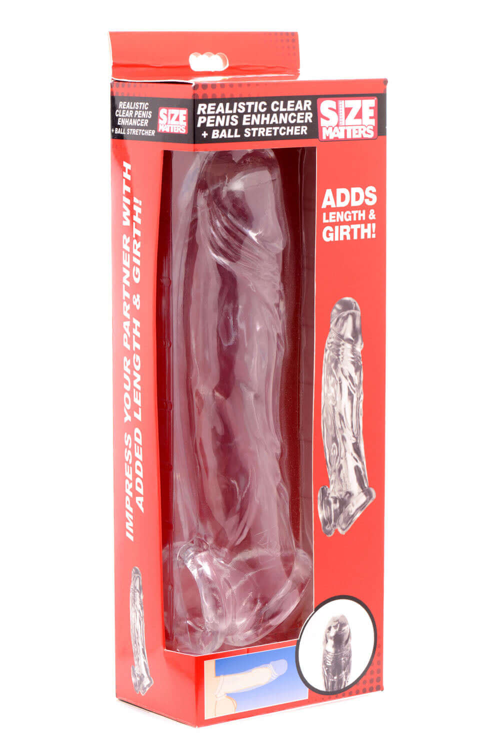 Realistic Clear Penis Enhancer & Ball Stretcher packaging showcasing lifelike design with instructions and features.