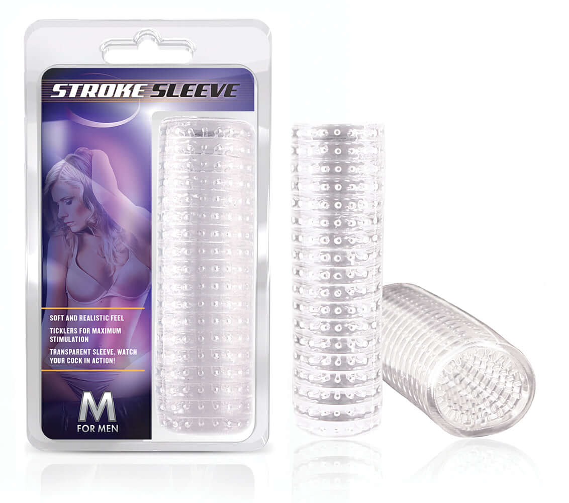 M for Men Stroke Sleeve Clear packaging with soft, pliable masturbation sleeve for enhanced stimulation.