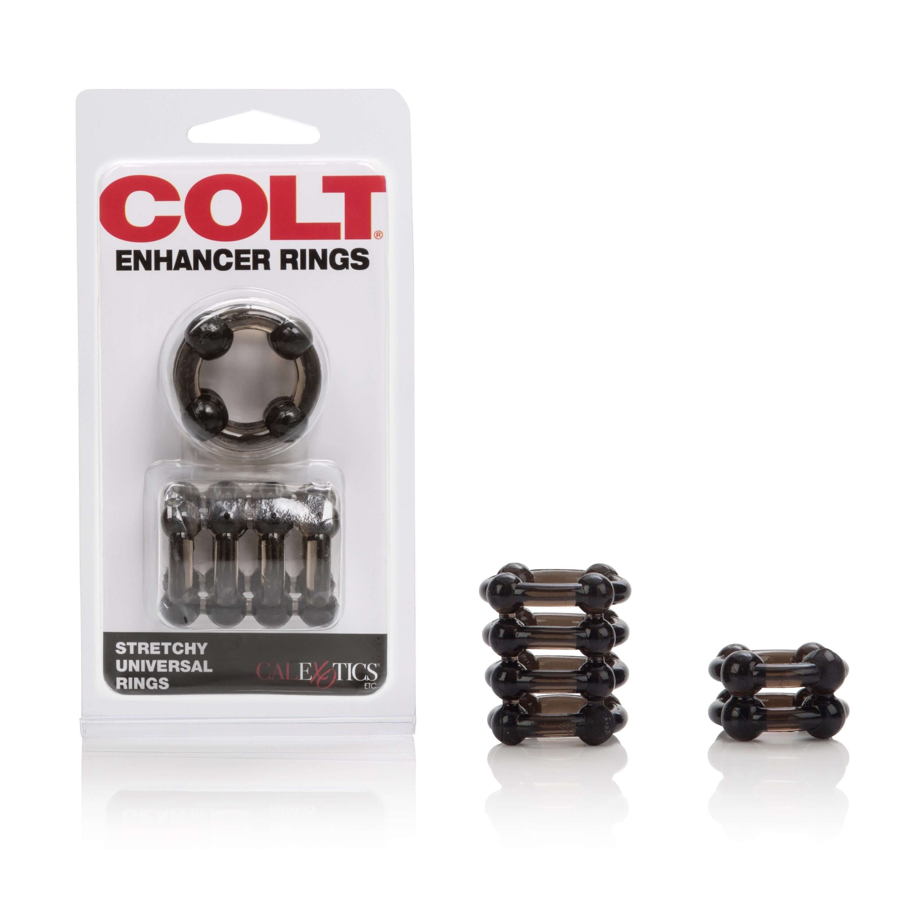 Colt Enhancer Penis Rings Smoke packaging and product display featuring stretchy universal rings.