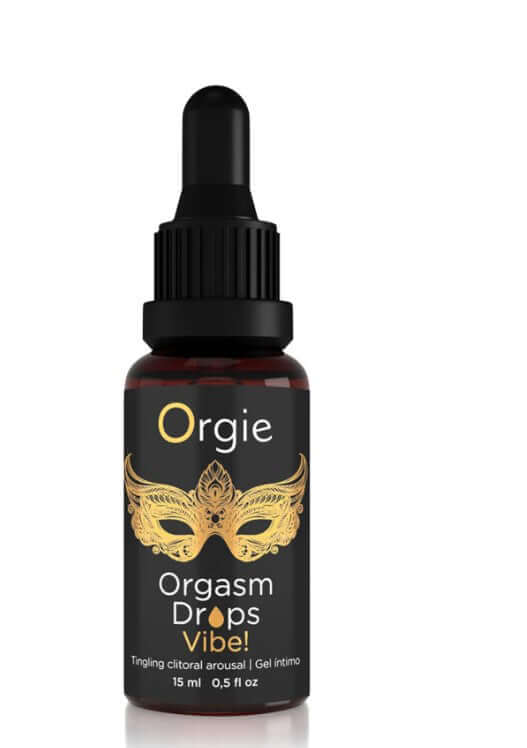 Orgie Orgasmic Drops Vibe Intimate Arousal Gel Peach 0.5 Oz bottle with dropper for enhanced intimacy.