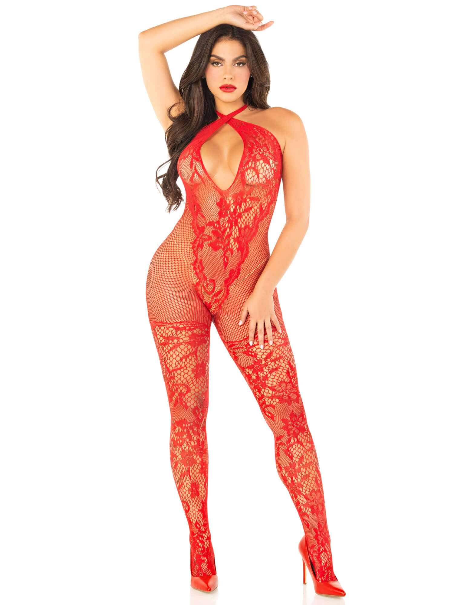 Red Seamless Net and Lace Lingerie Jumpsuit - With Keyhole Crossover Halter - Os-0