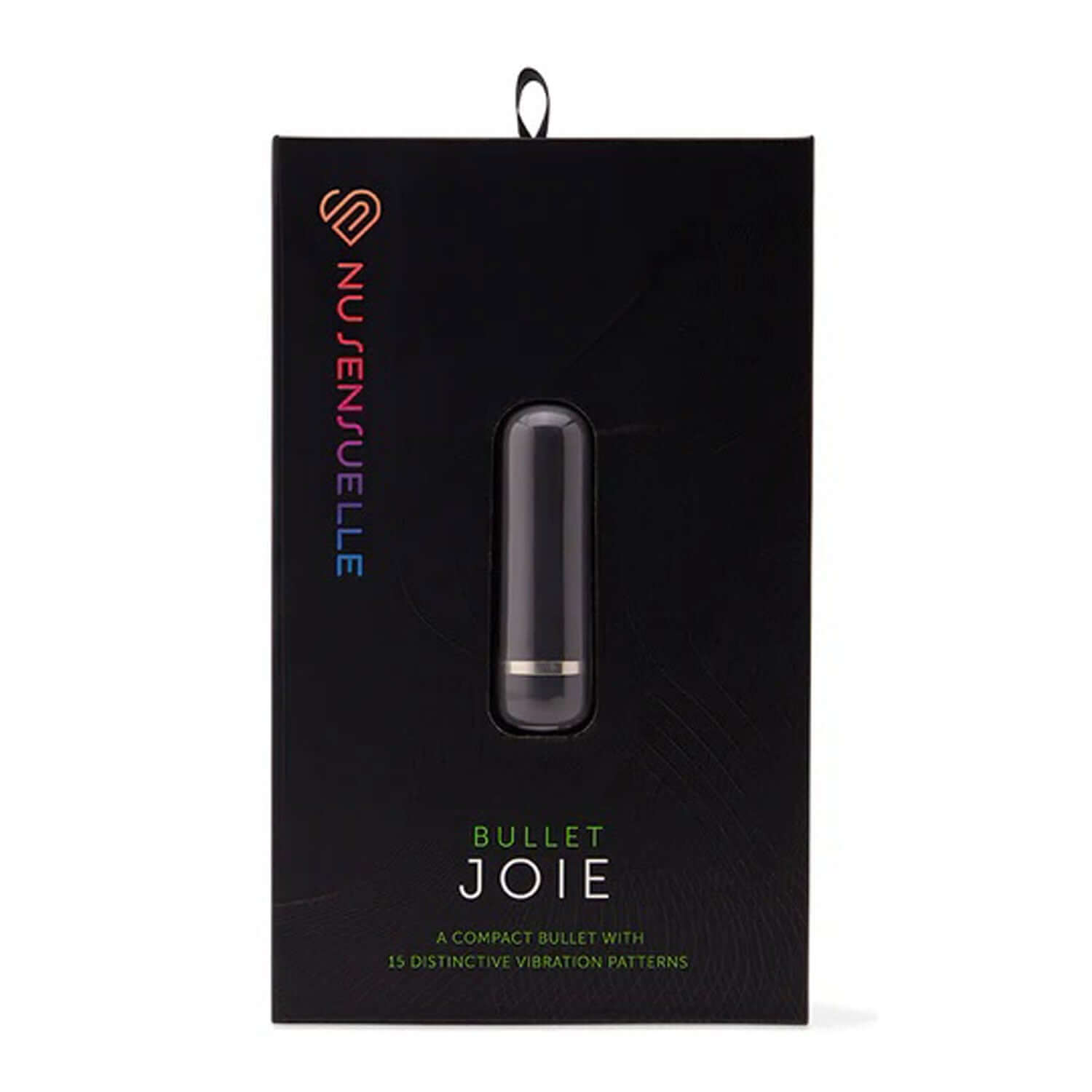 Nu Sensuelle Joie Bullet in black packaging with 15 vibration patterns, compact and powerful design.