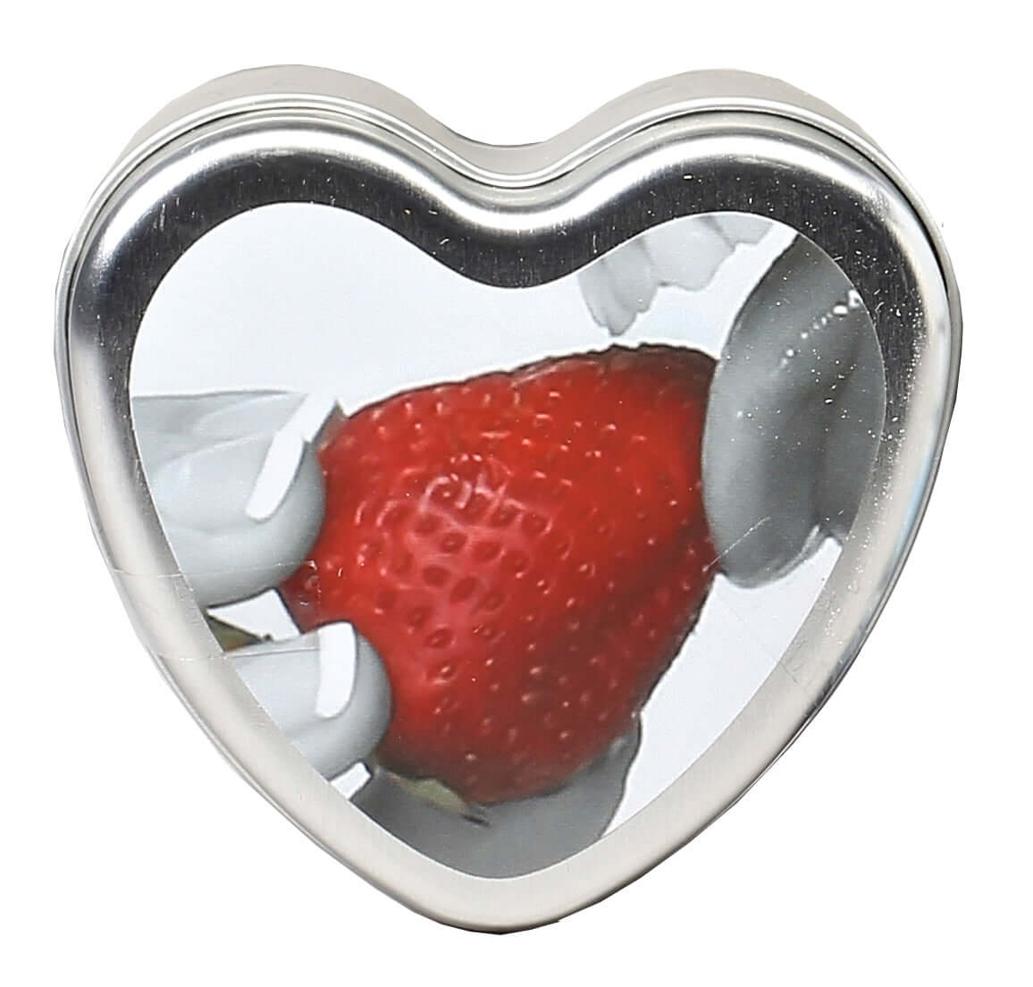 Edible Heart Candle Strawberry 4 Oz in a heart-shaped tin with a strawberry close-up.