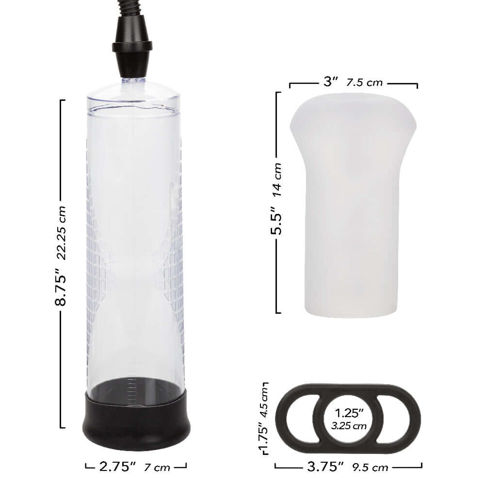 Peak Edging Kit Penis Pump - Black/Clear with Dimensions for Cylinder, Stroker, and Enhancer Ring