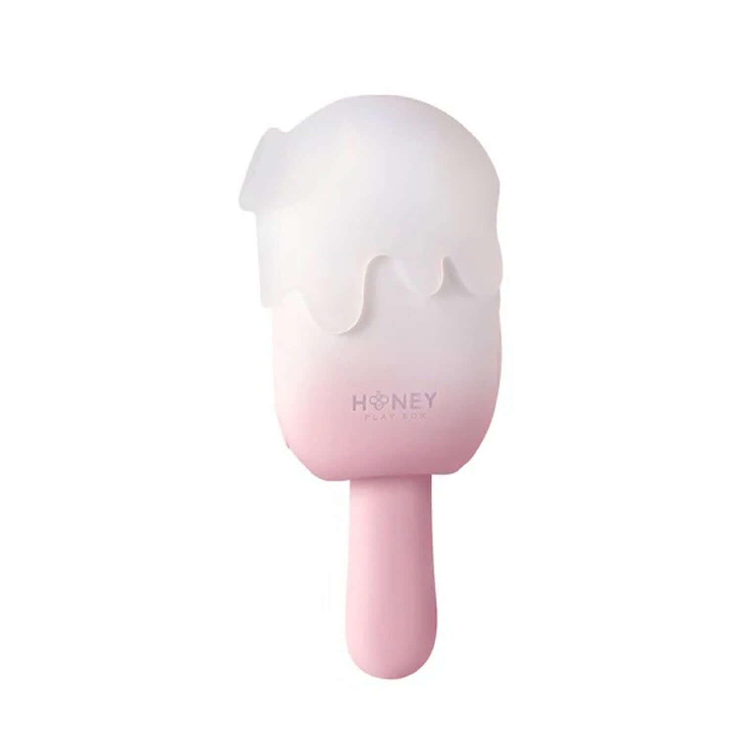 Bite Me Cream Pop Stimulator in pink, ice cream-shaped vibrator offering tapping, sucking, and vibrating sensations.
