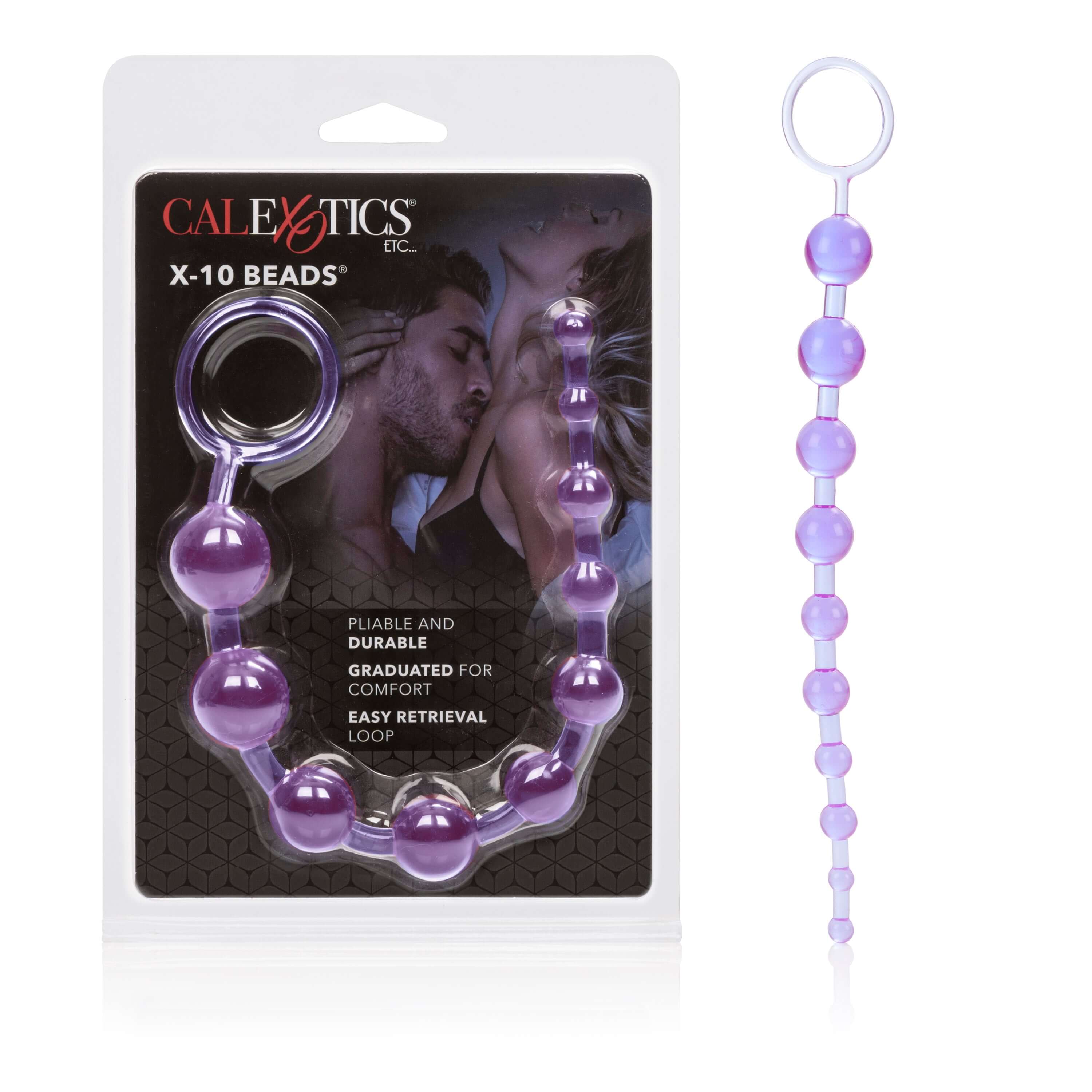 X-10 Anal Beads Graduated Purple in packaging, designed for comfortable anal exploration with graduated bead sizes.