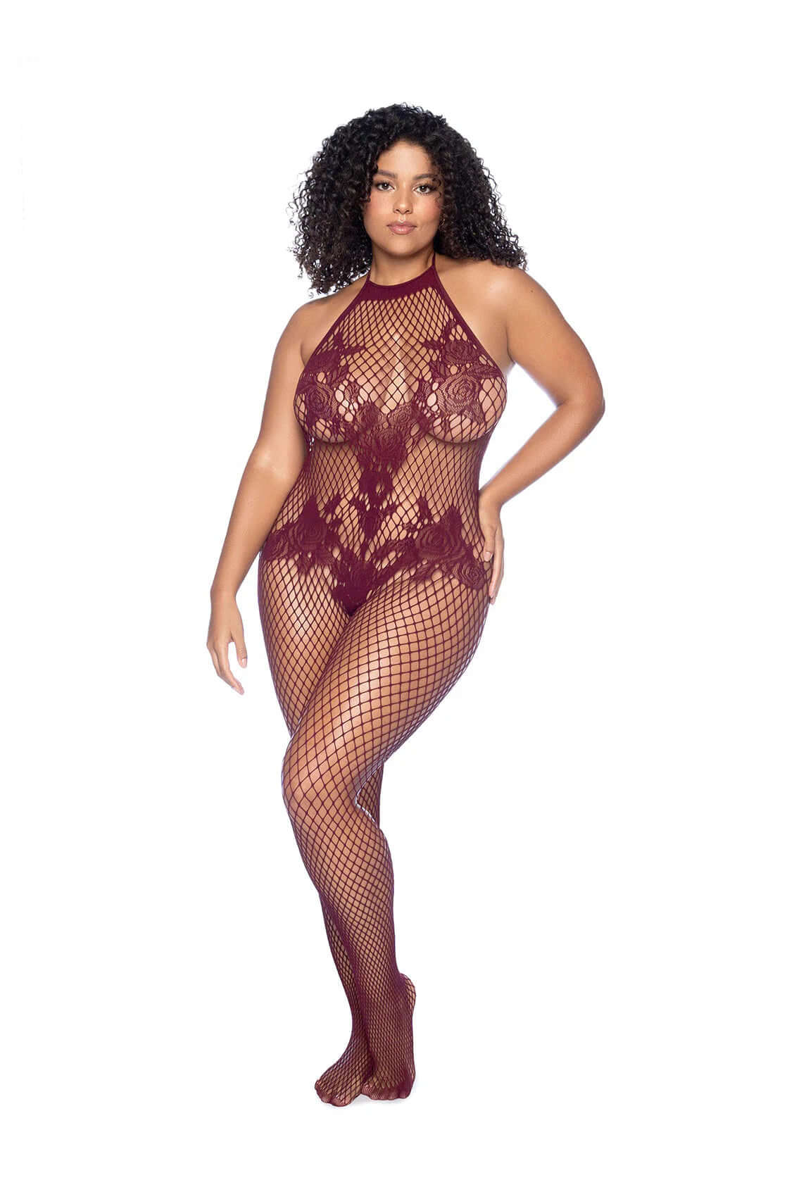 Vino Noir Floral Fishnet Bodystocking - X - Cherry-0