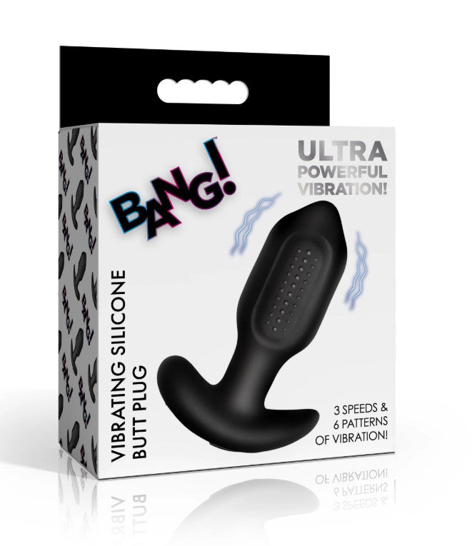 Bang Bumpy Vibrating Silicone Butt Plug Black packaging featuring ultra powerful vibration and various speed options.