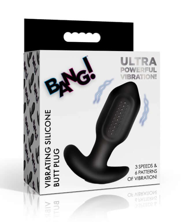 Bang Bumpy Vibrating Silicone Butt Plug Black packaging featuring ultra powerful vibration and various speed options.