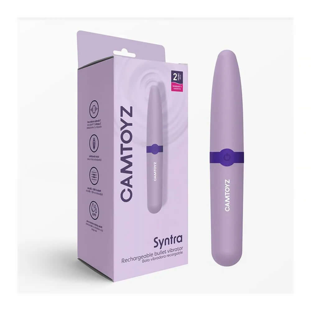 Syntra Camtoyz Rechargeable Bullet Vibrator Purple with packaging, showcasing sleek design and features.