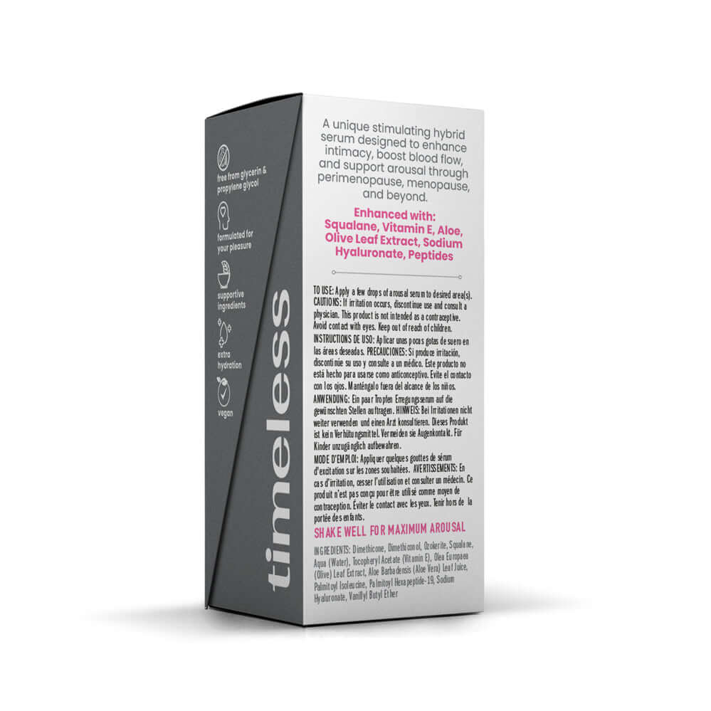 Simply Timeless Arousal Stimulating Hybrid Serum 1 Oz packaging with ingredients and usage instructions.