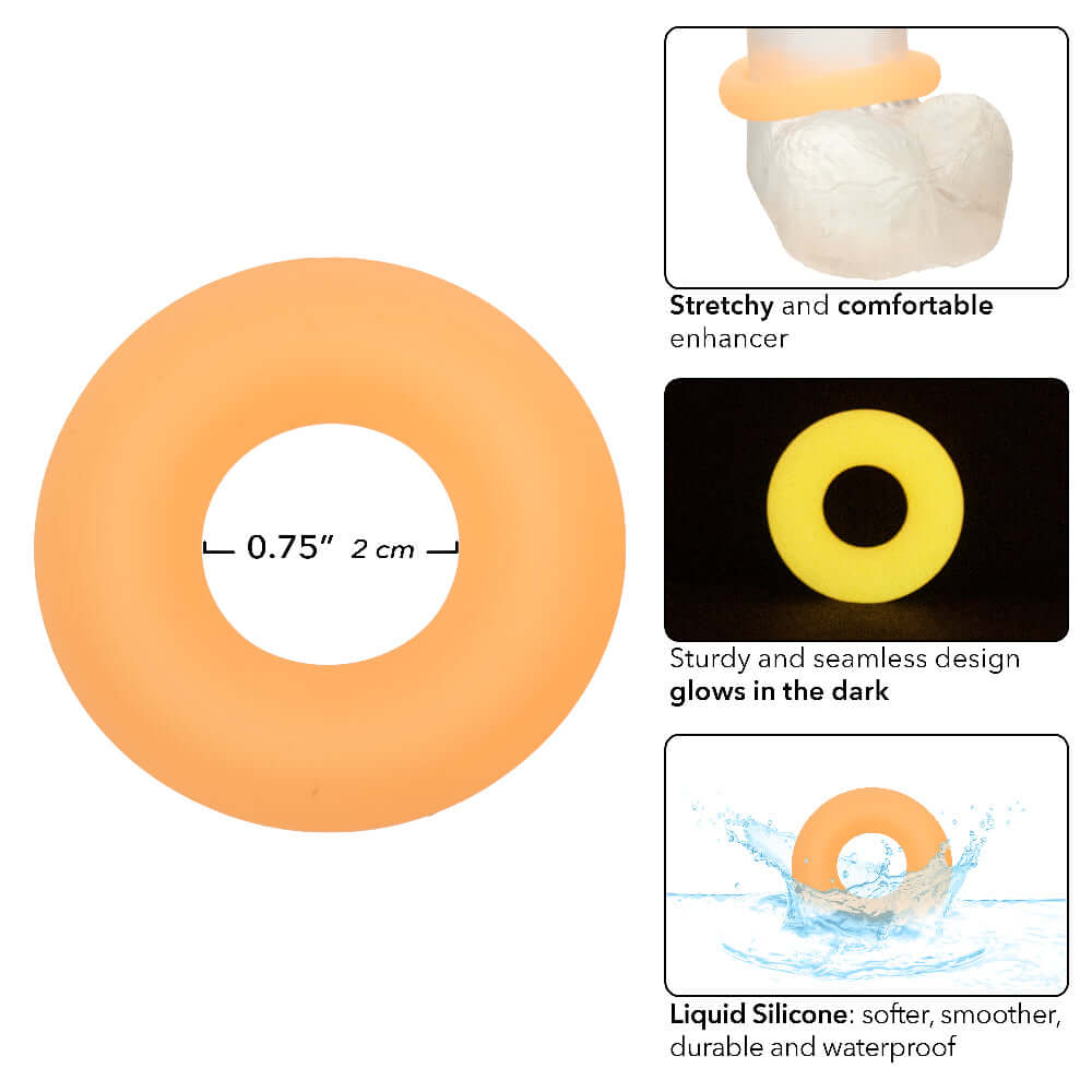 Alpha Glow-in-the-Dark Liquid Silicone Medium Ring Orange displayed with details about its stretchiness and glow feature.
