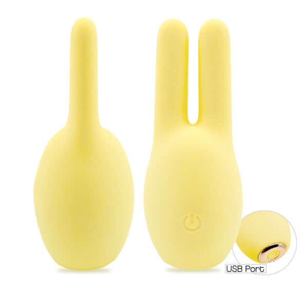 Buzzy Buddies Honey Bunny clitoral stimulator in yellow with USB rechargeable feature and 10 vibrational patterns.