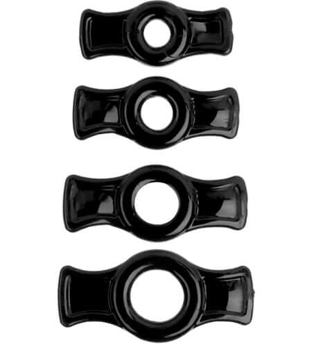 Titanmen Cock Ring Set Black featuring four stretchable rings with built-in side tabs for easy adjustment.