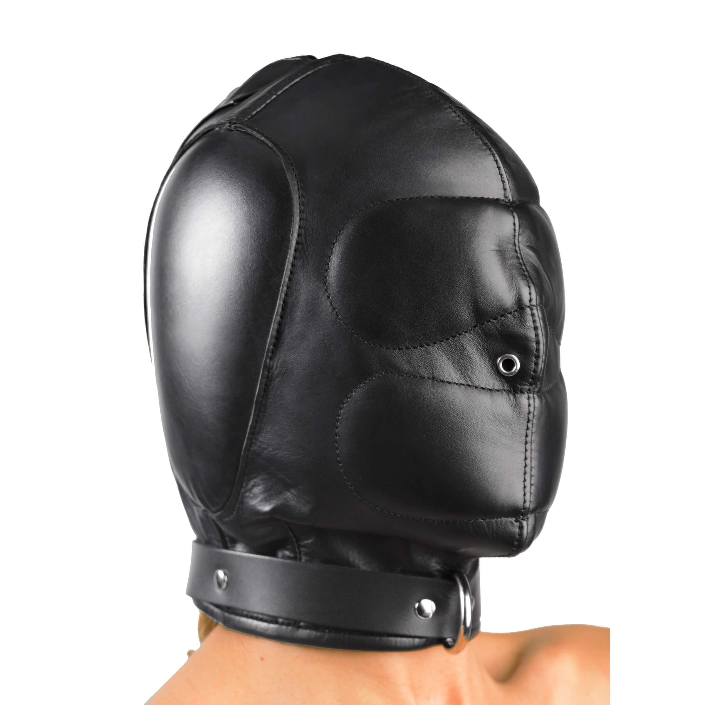 Padded Leather Hood Medium Large showing profile view with durable padding and adjustable collar for sensory roleplay.