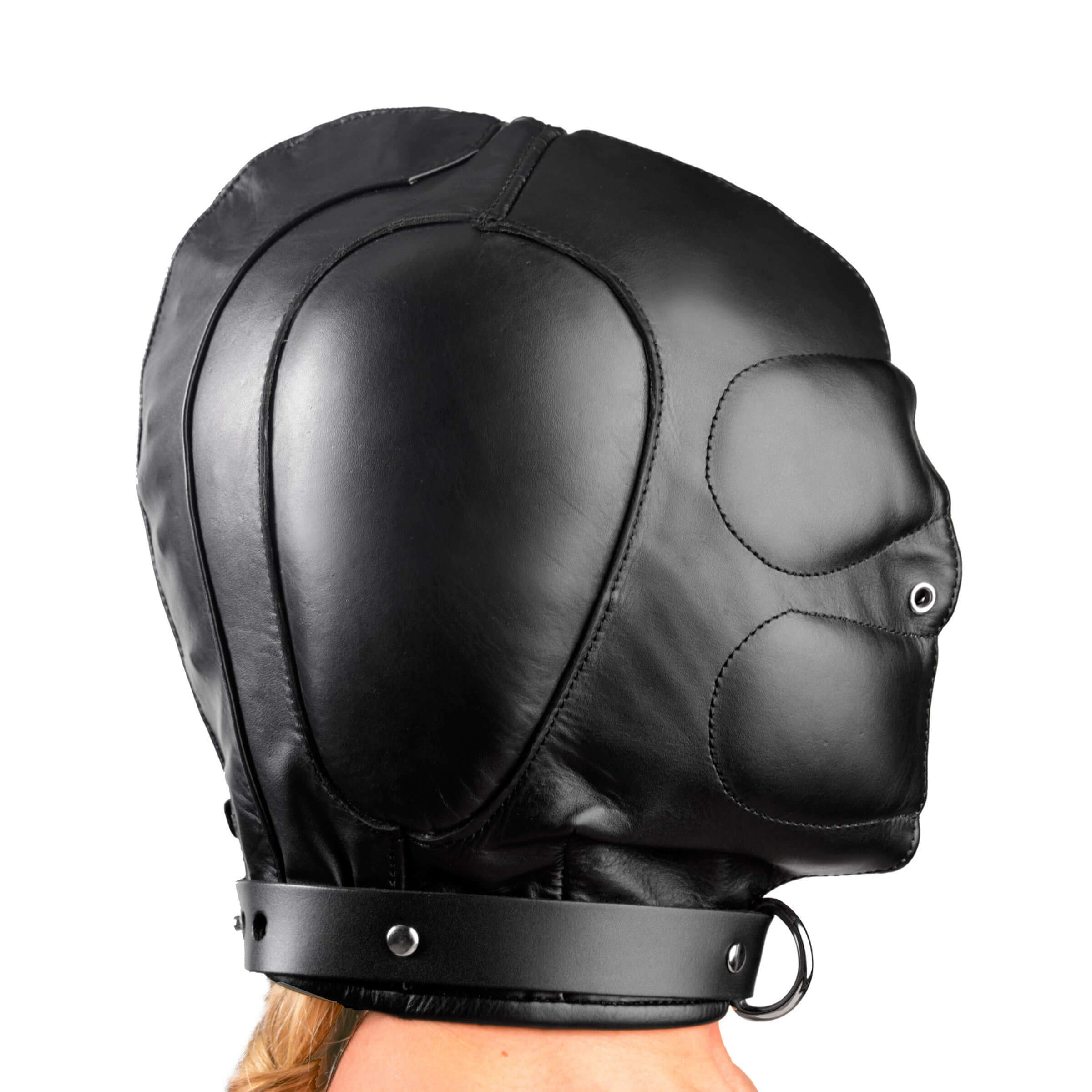 Padded Leather Hood Medium Large side view highlighting ergonomic design and adjustable collar for sensory experiences.