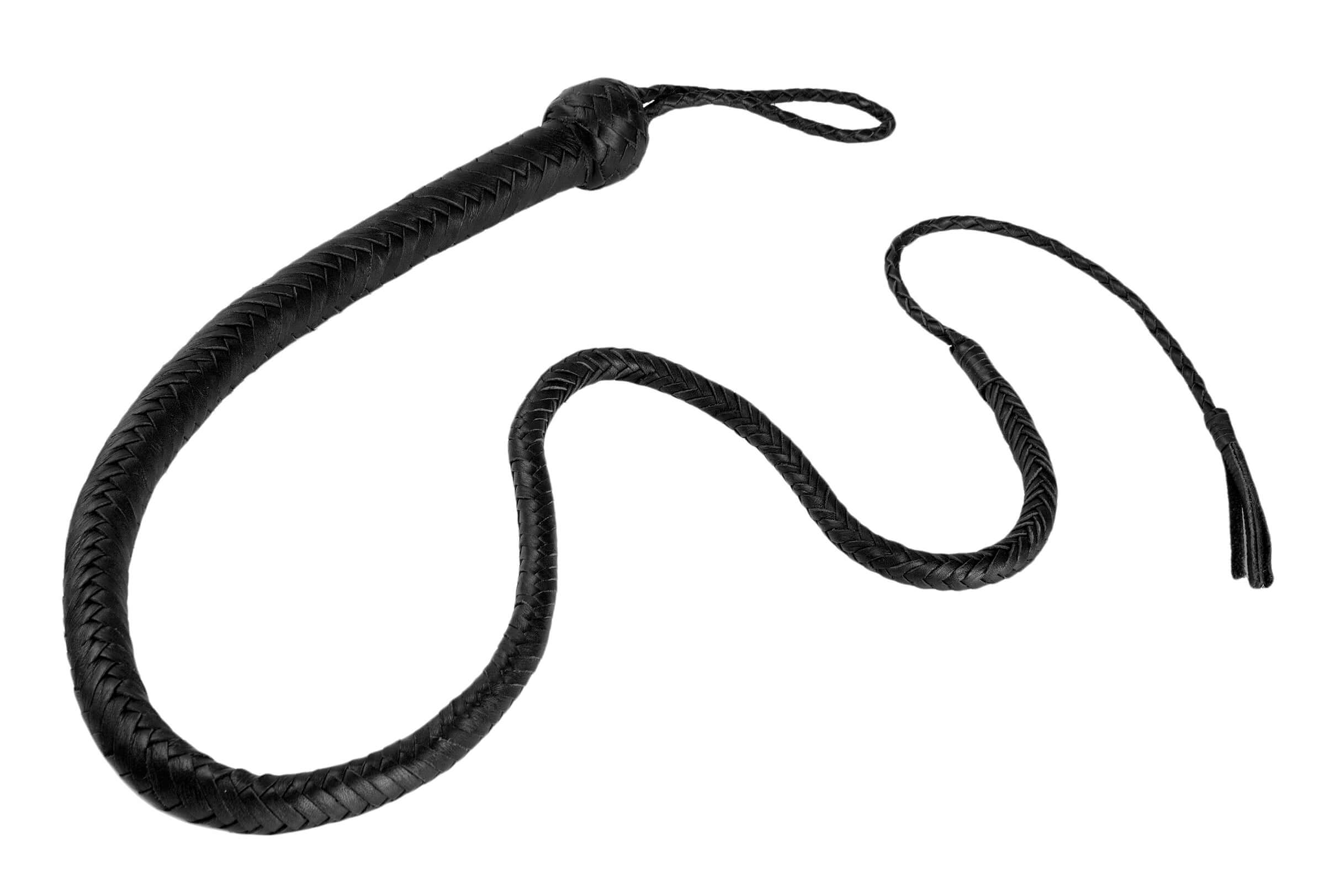 Strict Leather 4 Foot Whip Black made of braided leather with a Turk's head knot handle and wrist loop.