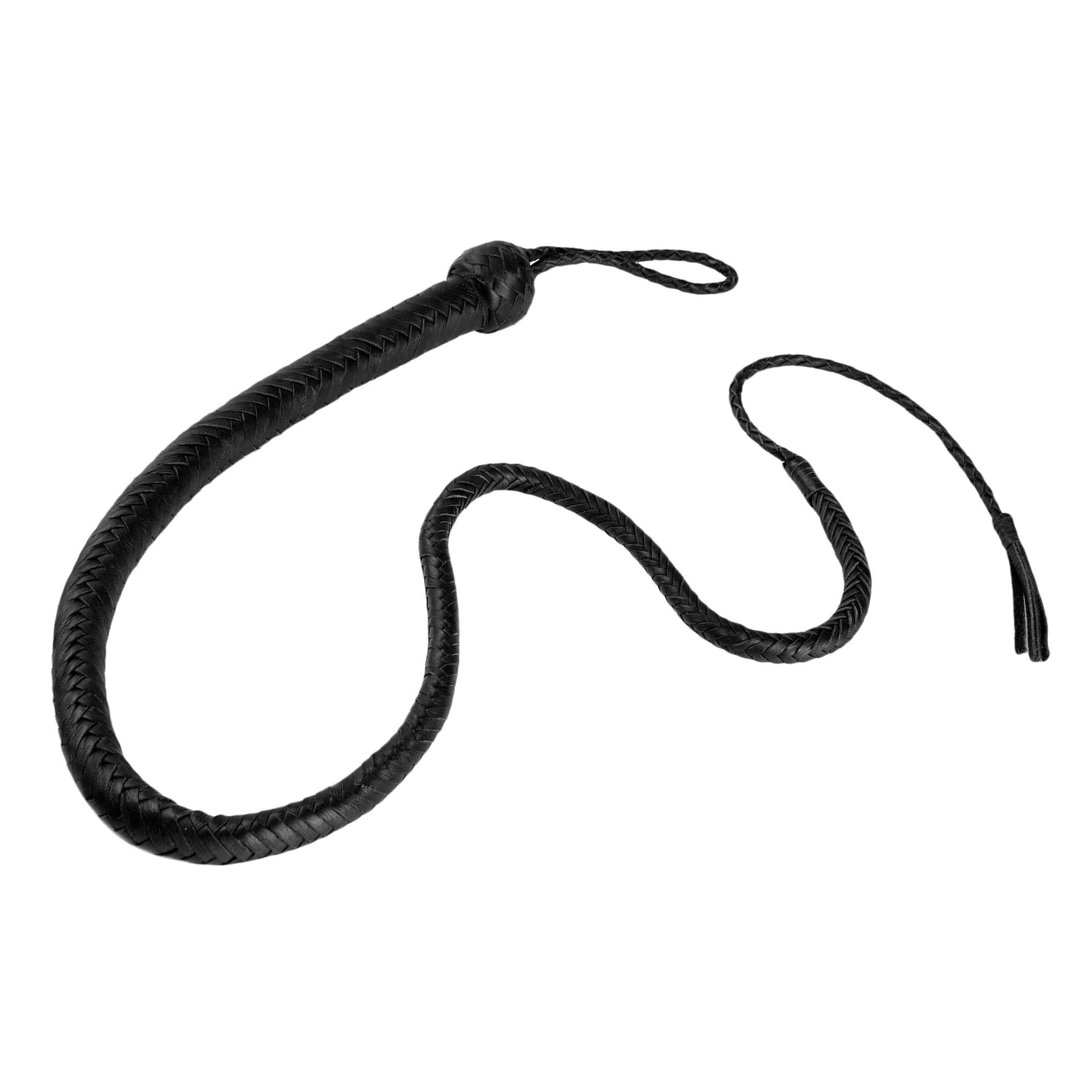 Strict Leather 4 Foot Whip Black, a finely braided leather whip with a Turk's head knot handle and wrist loop.