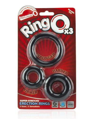 Screaming O Ringo X 3 Pack Black featuring three super-stretchy erection rings for enhanced pleasure.