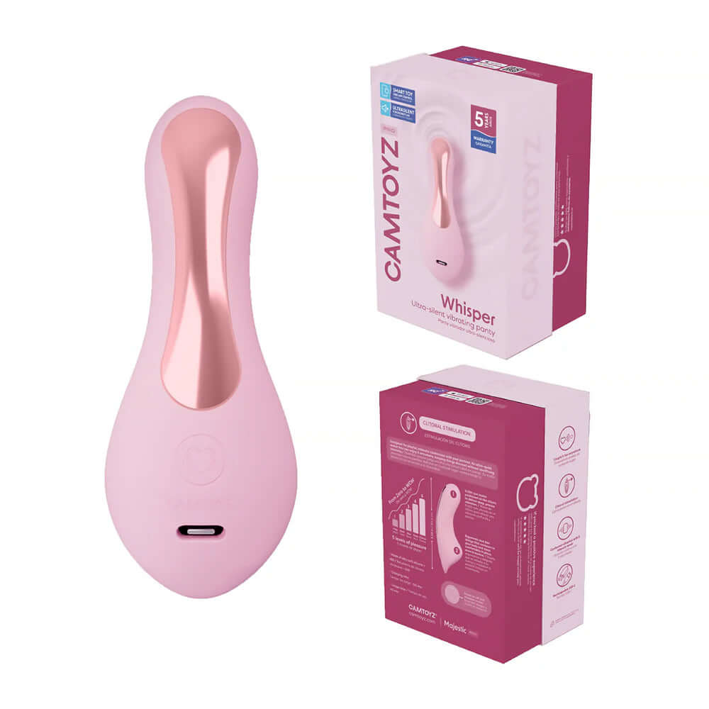 Whisper Camtoyz Ultra Silent Vibrating Panty with App packaging and product, showcasing discreet vibrator design and features.