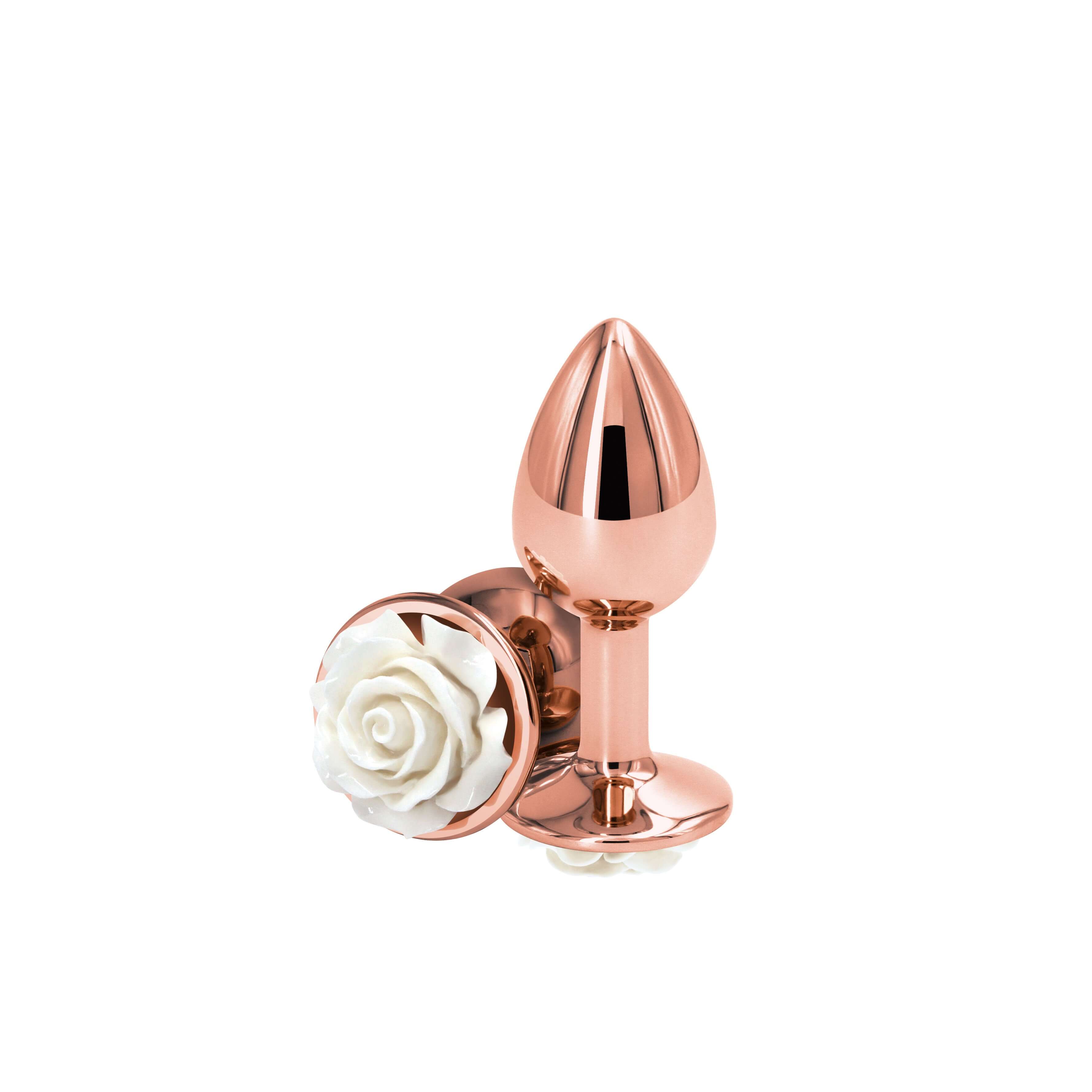 Rear Assets Butt Plug Rose Small White featuring a chrome-plated design and rose detail for elegant stimulation.