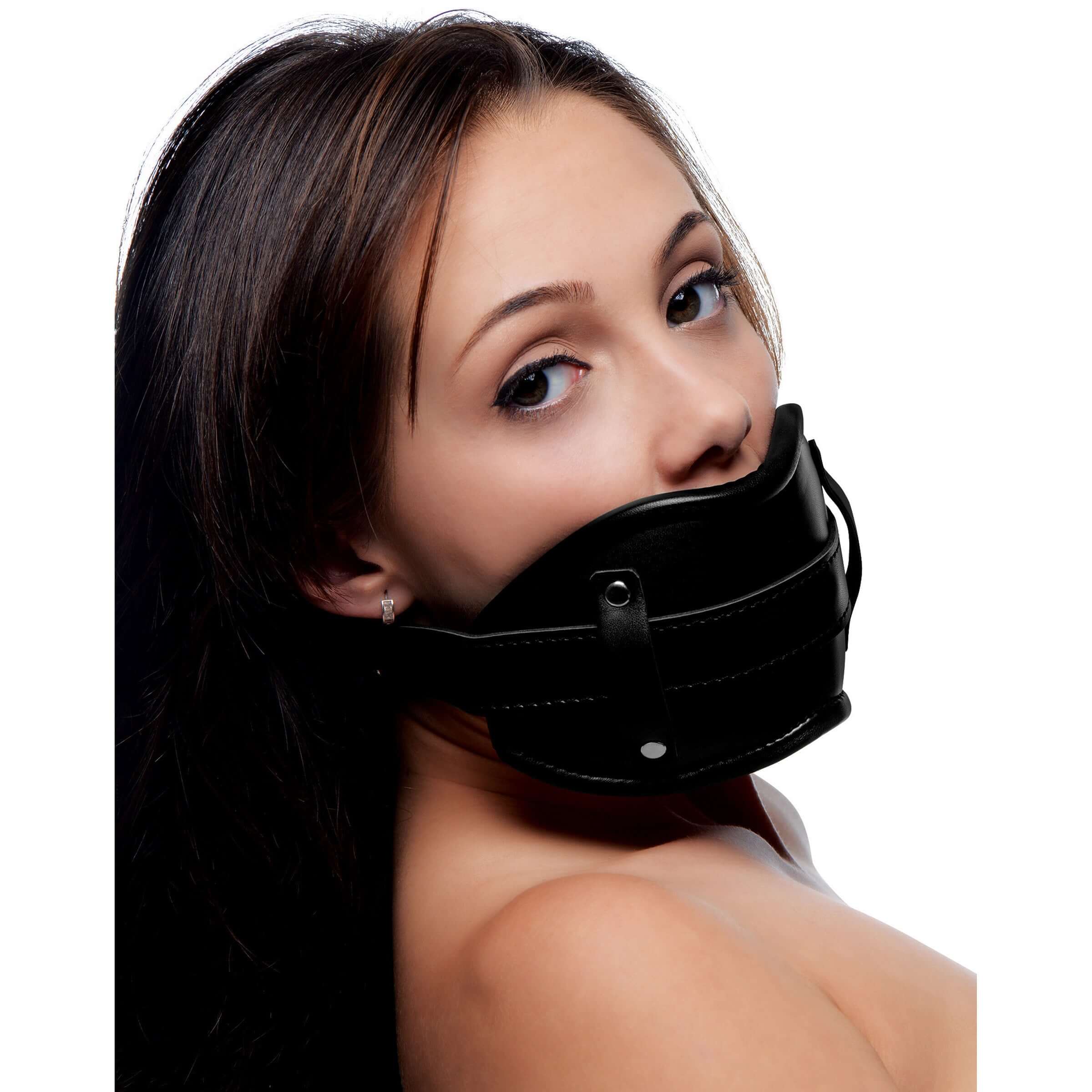 Strict Cock Head Silicone Mouth Gag worn by a model, showcasing its ergonomic fit and sleek design.