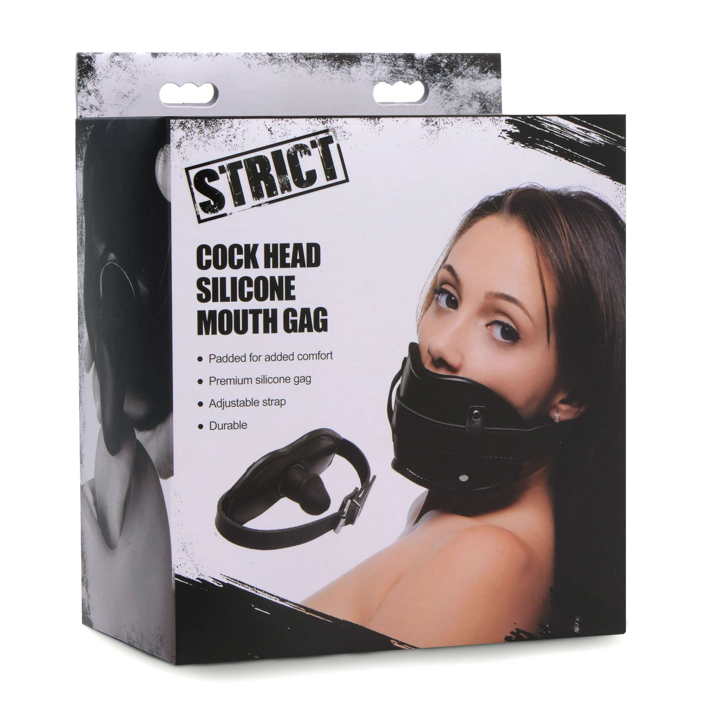 Packaging of Strict Cock Head Silicone Mouth Gag featuring padded comfort and adjustable strap for bondage enthusiasts.