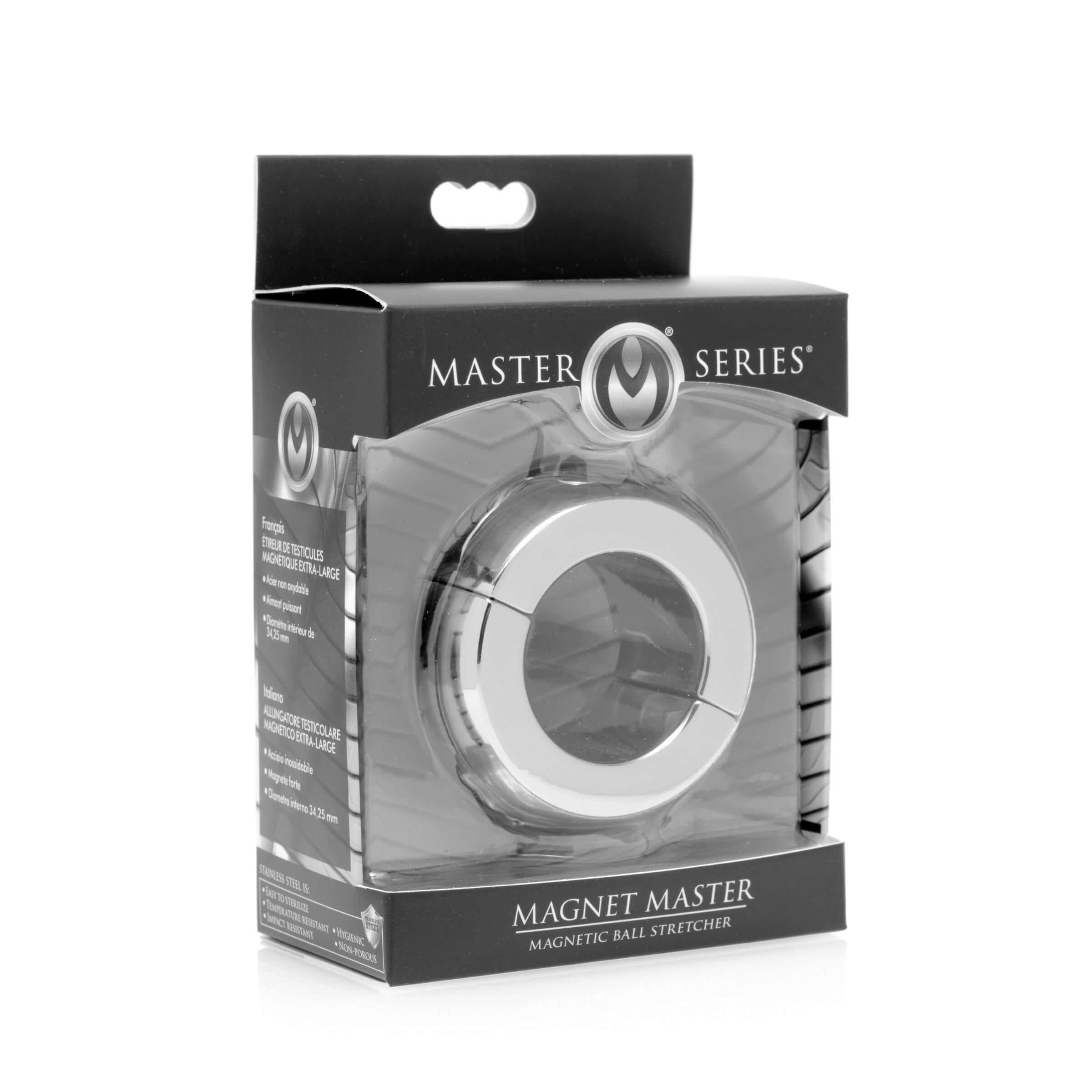 Master Series Magnet Master Stainless Steel Ball Stretcher packaging displayed in a sleek black and silver design.