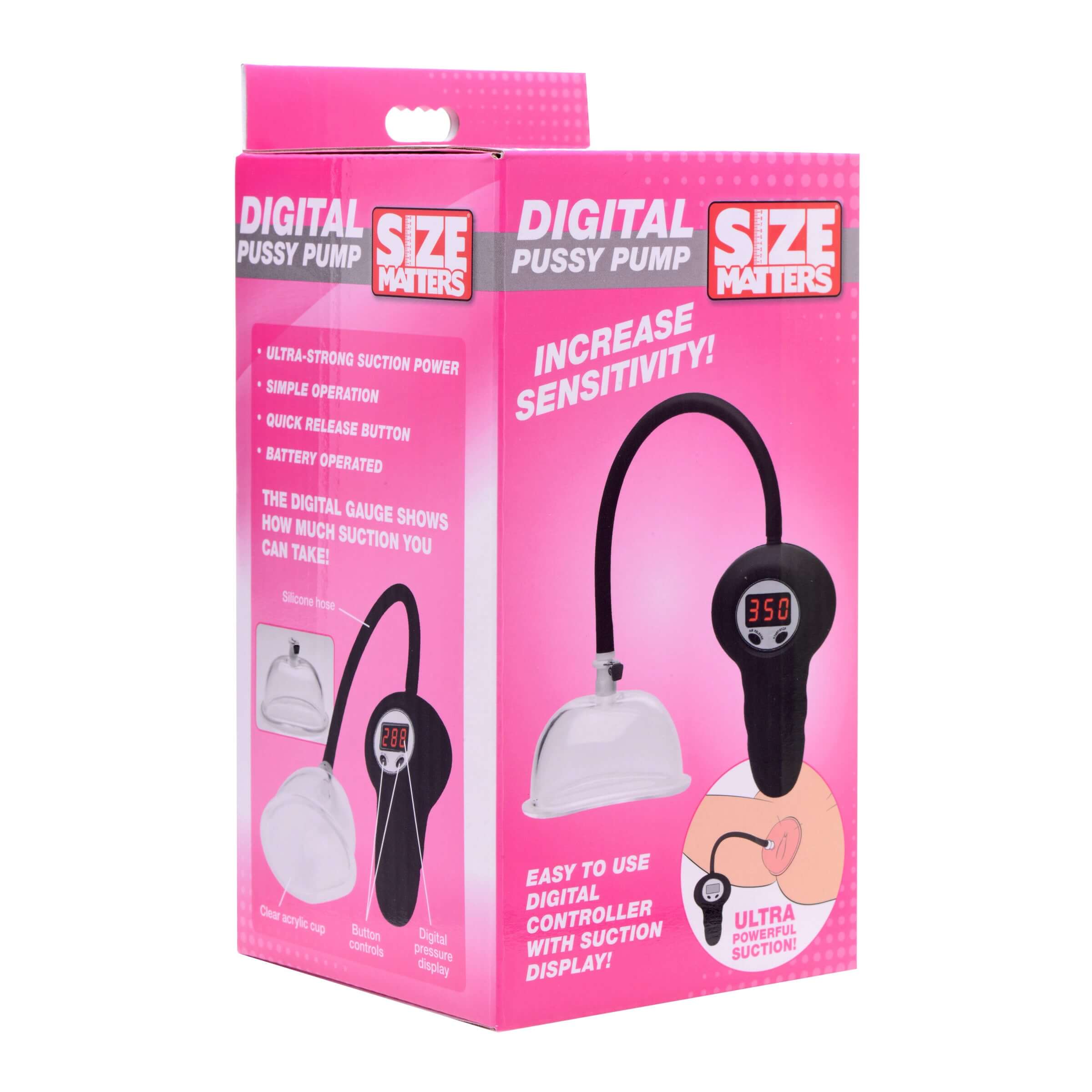 Digital Automatic Pussy Pump packaging showcasing the device with digital controller and pressure display.