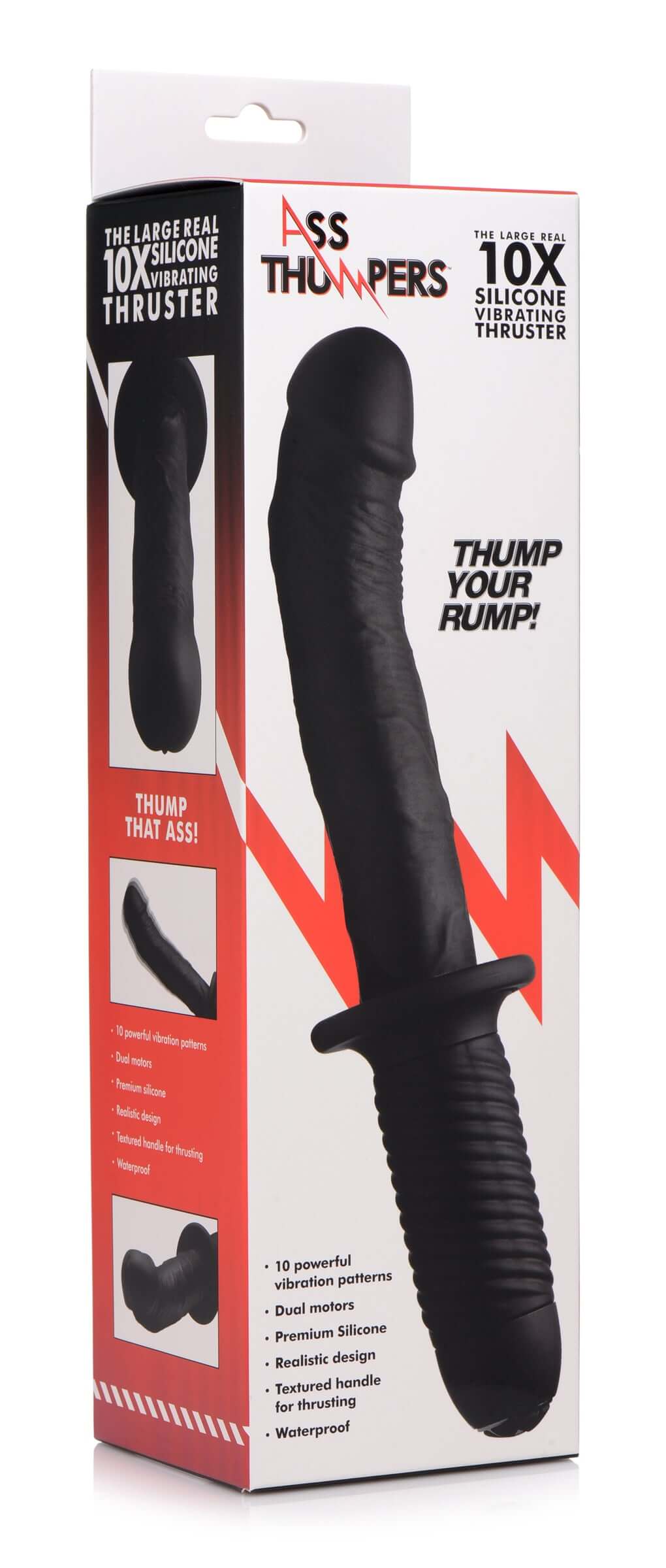 The Large Realistic 10X Silicone Vibrator with Handle packaging showcasing design and features.