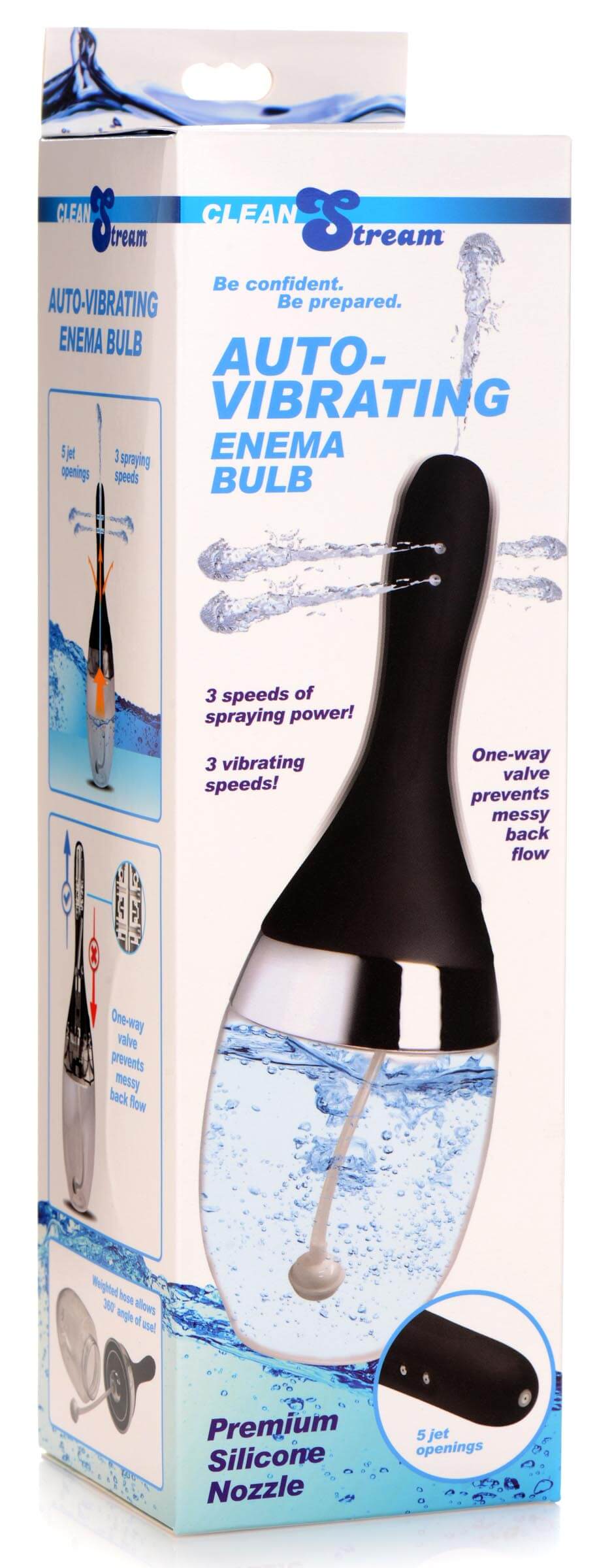 CleanStream Auto-Vibrating Enema Bulb packaging showcasing ergonomic design and premium silicone nozzle.