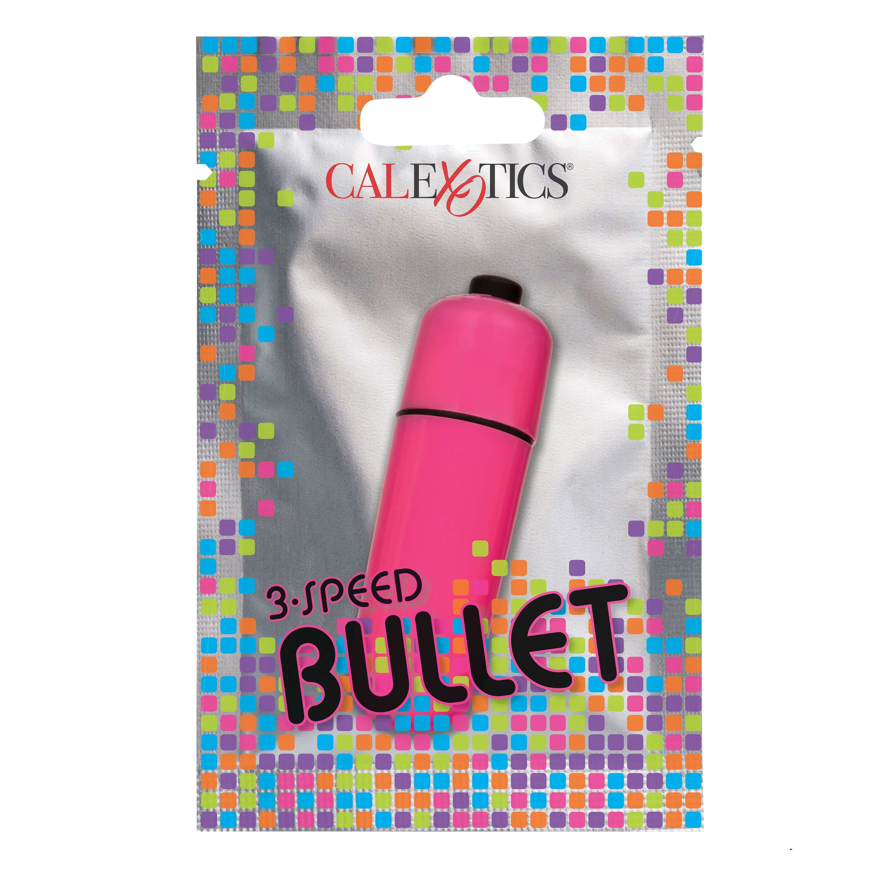 Foil Pack 3 Speed Bullet Vibrator Pink in colorful packaging by CalExotics.