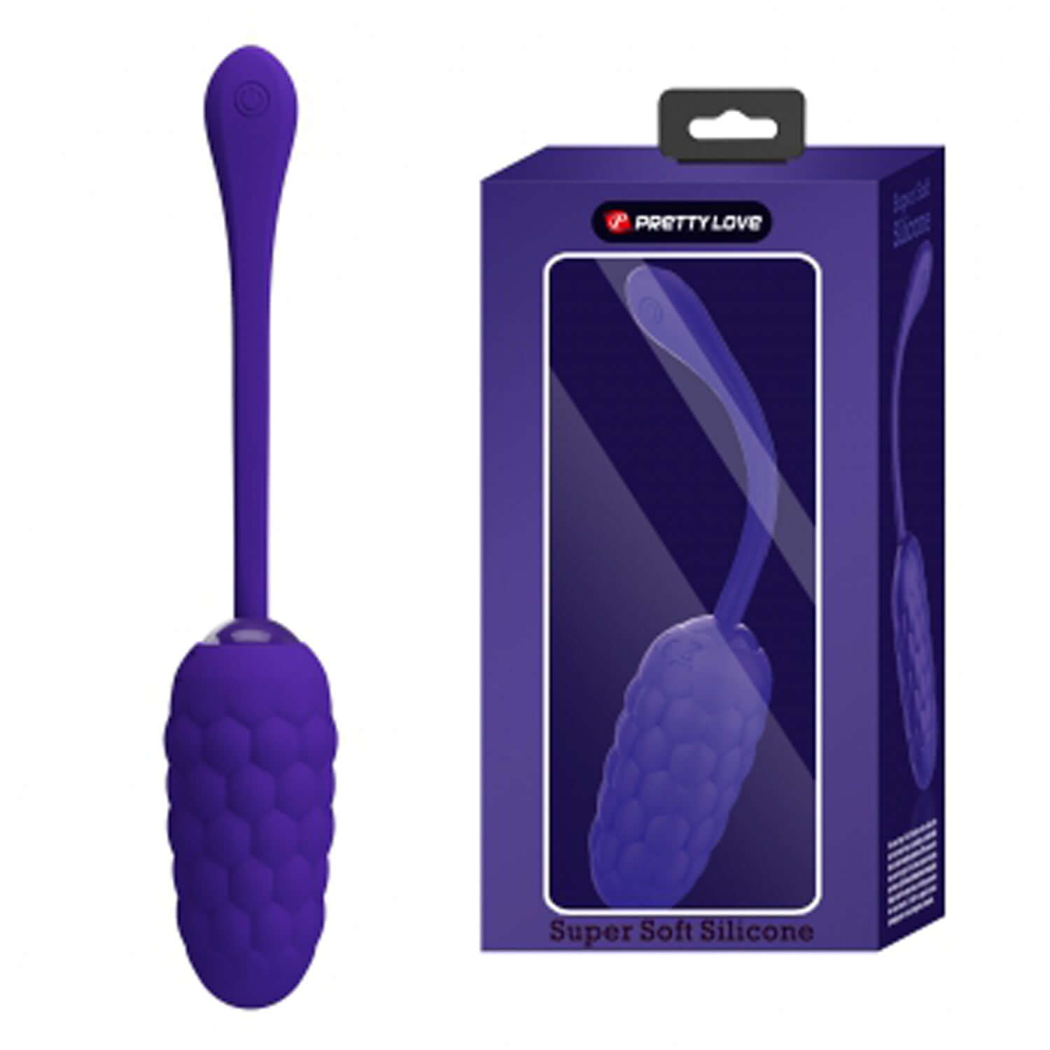 Marina Rechargeable Vibrating Egg in purple, super soft silicone, 12 functions, quilted design, pleasure toy packaging.